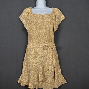 NWT Mustard Yellow Floral Smocked Mini Dress Flutter Sleeve Faux Wrap Ruffle Hem